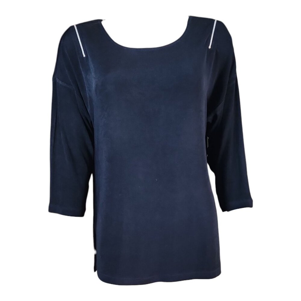Chicos Travelers‎ Top Size 2 Womens L Large Blue Zipper Shoulder Slinky Stretch